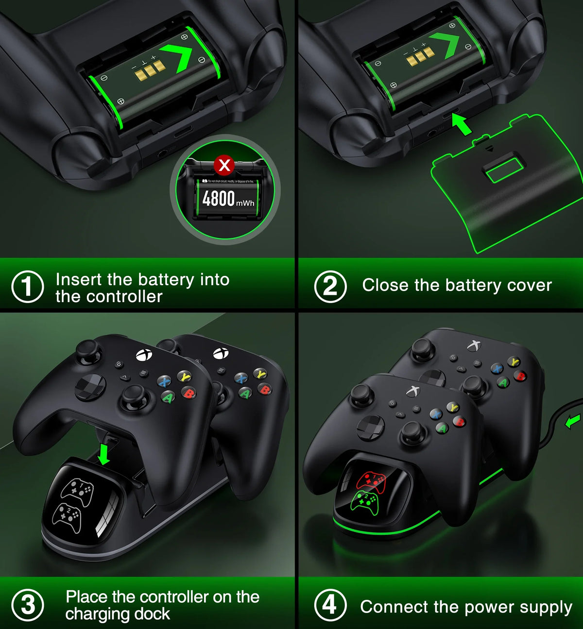 Charger DinoFire Charging with Xbox Rechargeable X|S/Xbox for Battery Packs, Station Xbox Series one/Elite Xbox Series Controller Controller 2x4800mWh X