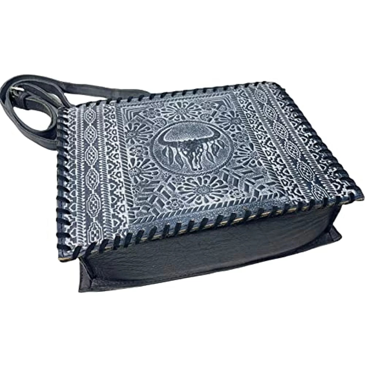 Skull Western Purse Leather Genuine Hand Cow Bag Crossbody Tote Large (Blue) Urbalabs Handbag Tooled Stitched Longhorn
