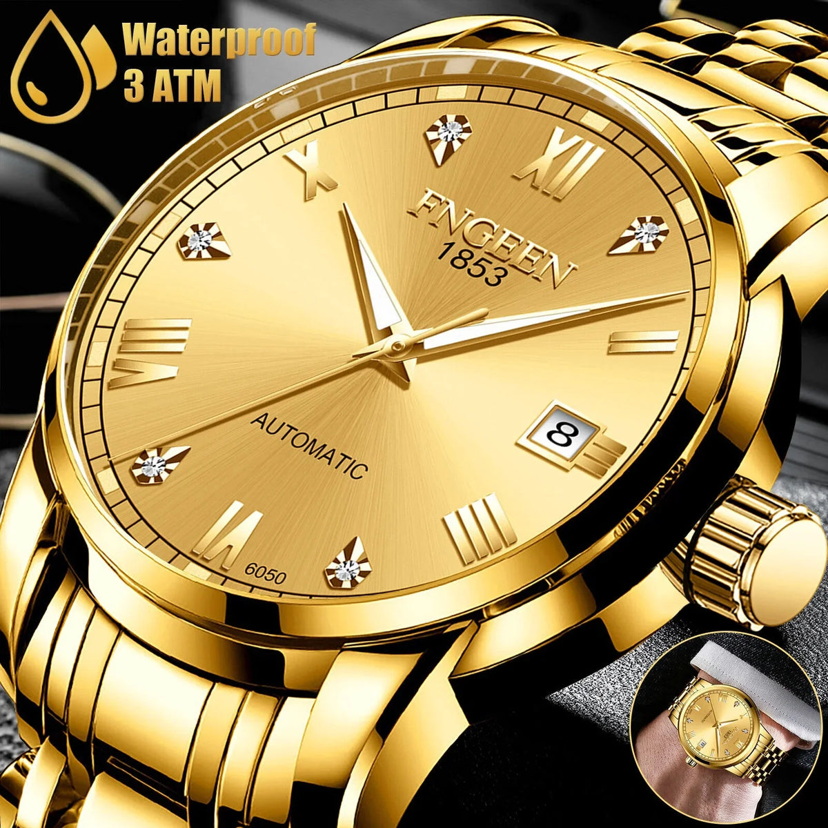 Stainless Tone Automatic Steel Watch Gold Wrist Men Waterproof Mechanical Luxury