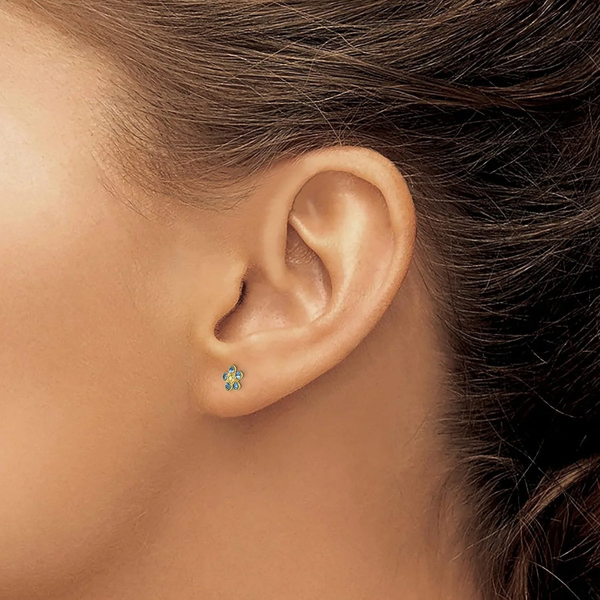 Inverness Earrings Crystal 14k Borealis 5mm Yellow - Solid Blue/Aurora Gold Flower