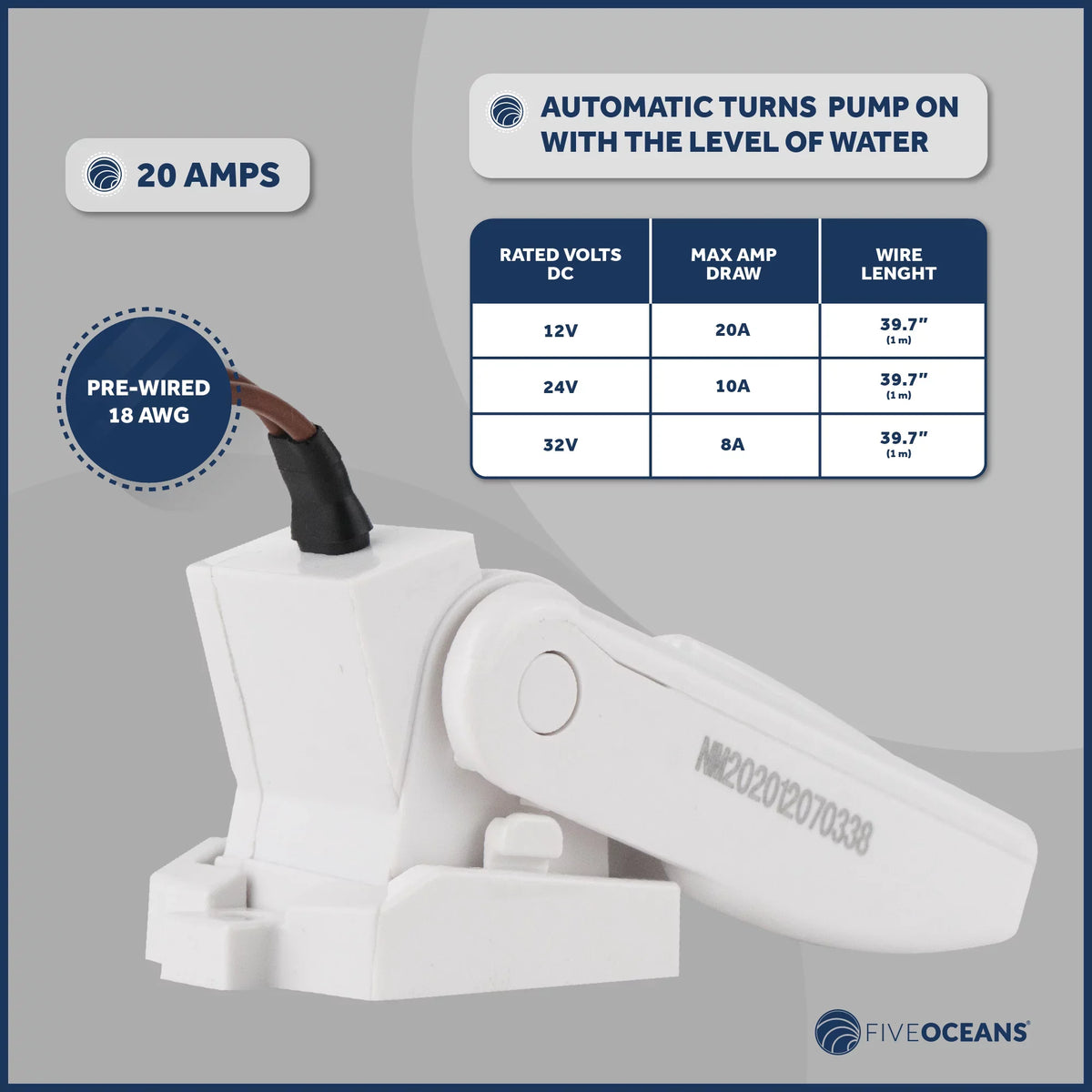Pump Bilge with Heavy-Duty LPH 1-1/8-Inch 2000 / Diameter Five GPH - Inside Kit, Automatic Oceans Float FO3616-C2 Switch (29mm) 12-Volts, Hose, 7571