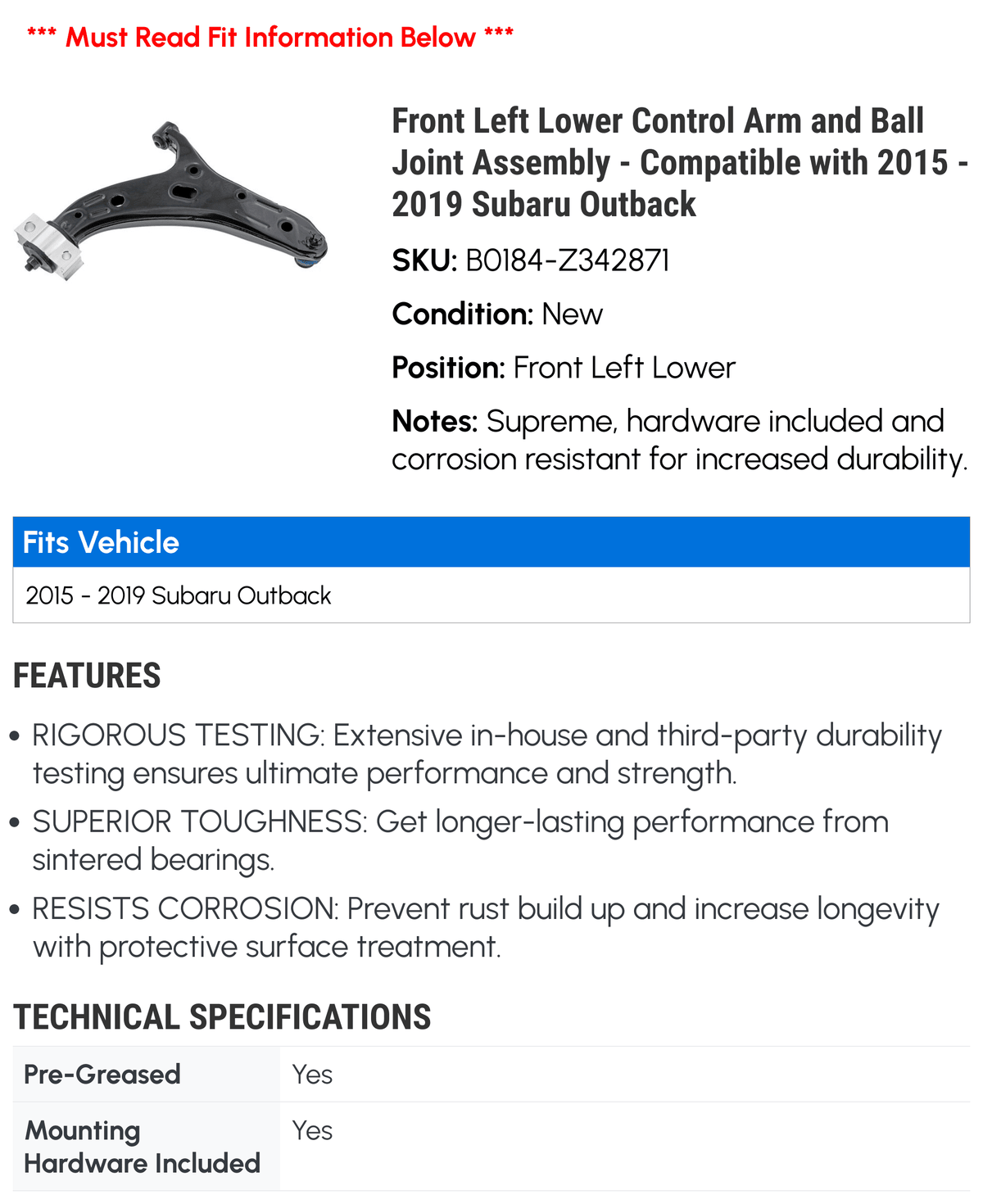 Compatible Outback 2015 Assembly Joint Subaru with Control - 2019 2018 Arm 2016 Ball Left and Front 2017 - Lower